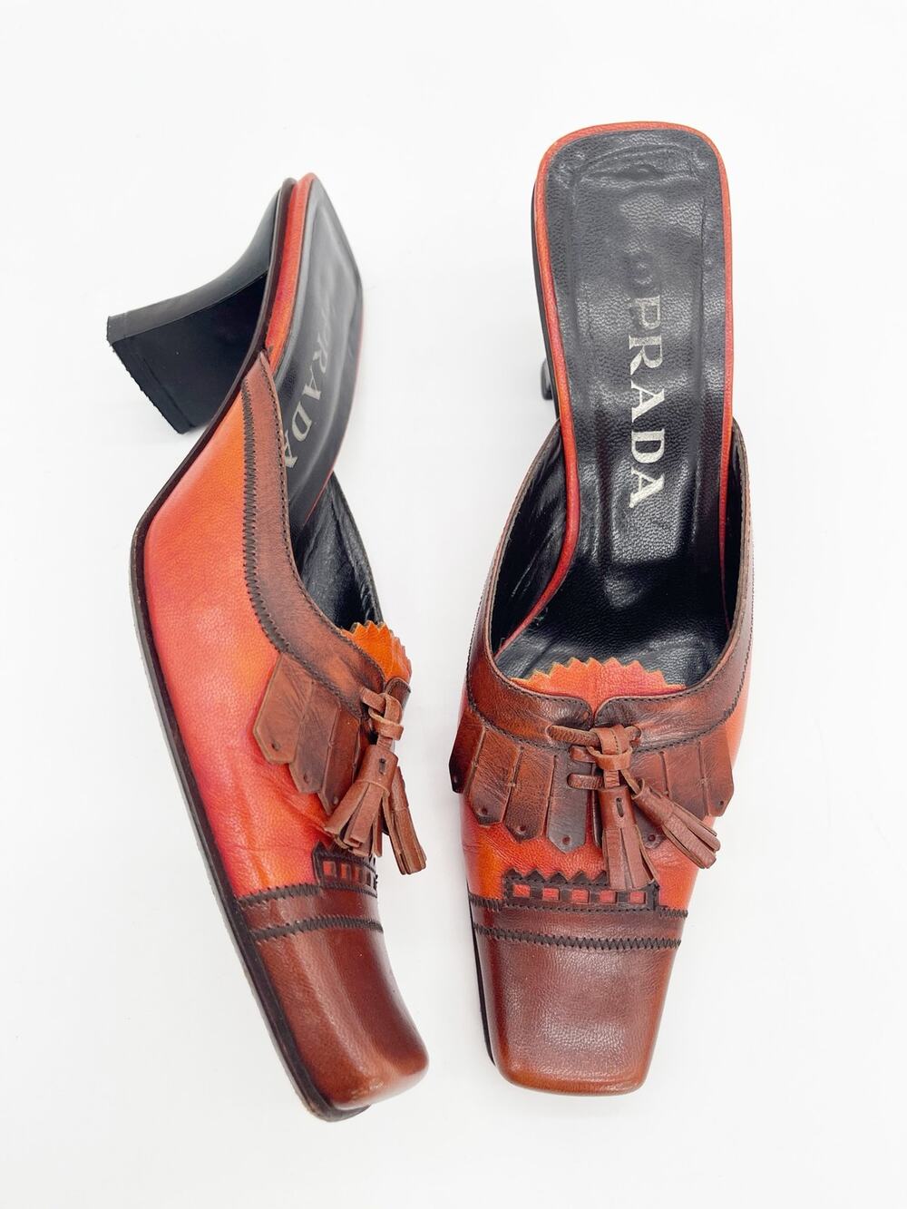 Prada Retro Y2K Brown Orange Leather Kiltie Tassel Square Toe Mule Heels IT 38.5